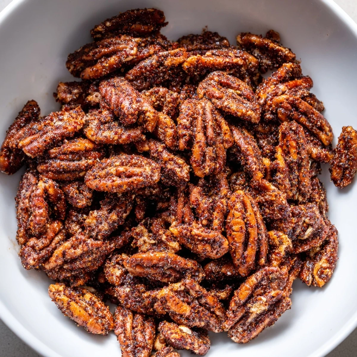 Cajun Spiced Pecans are plated with a glass of Riesling, creating an inviting Southern-style appetizer for snacking.