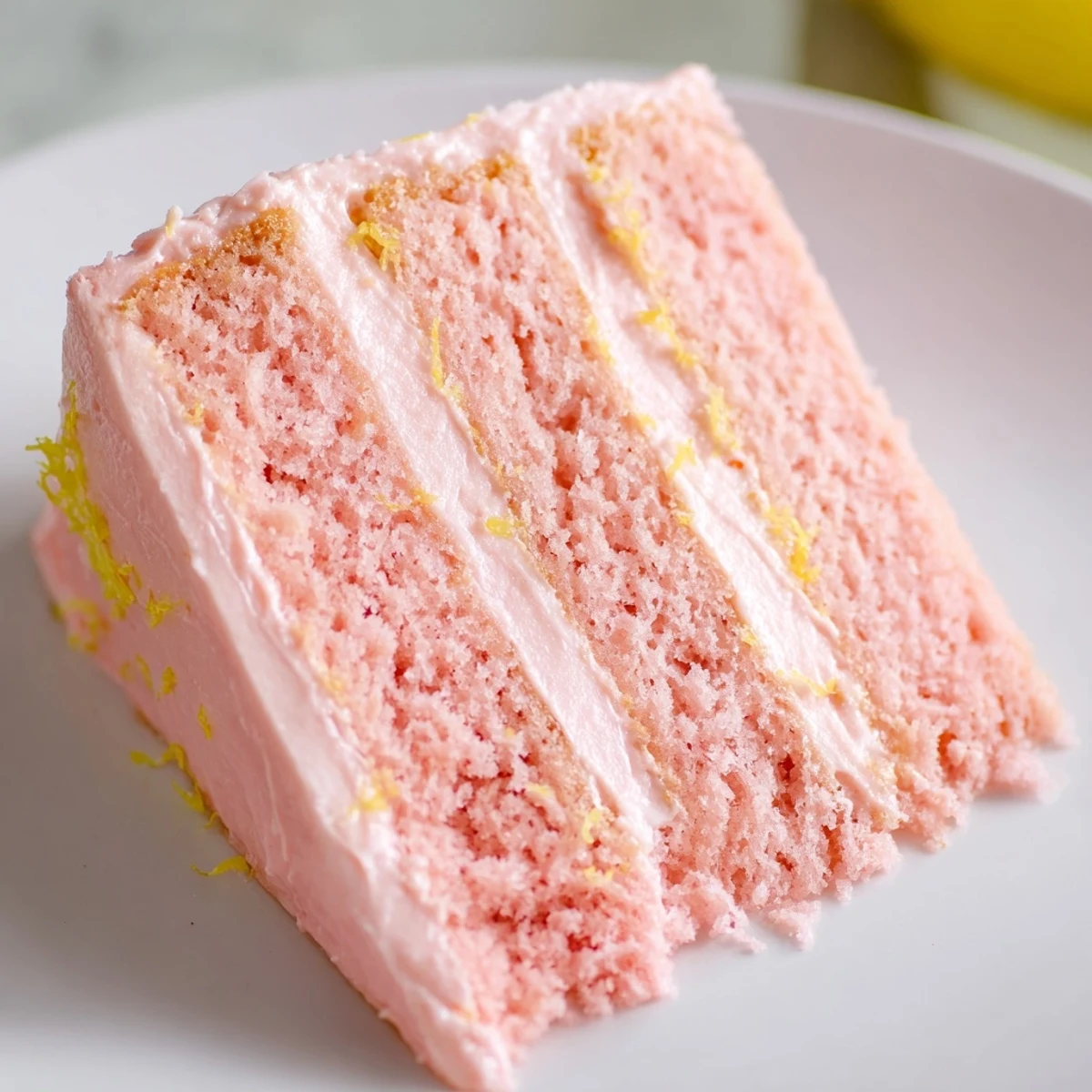 A slice of Pink Lemonade Layer Cake with Frosting shows tender pink layers and smooth lemon buttercream on a dessert plate.