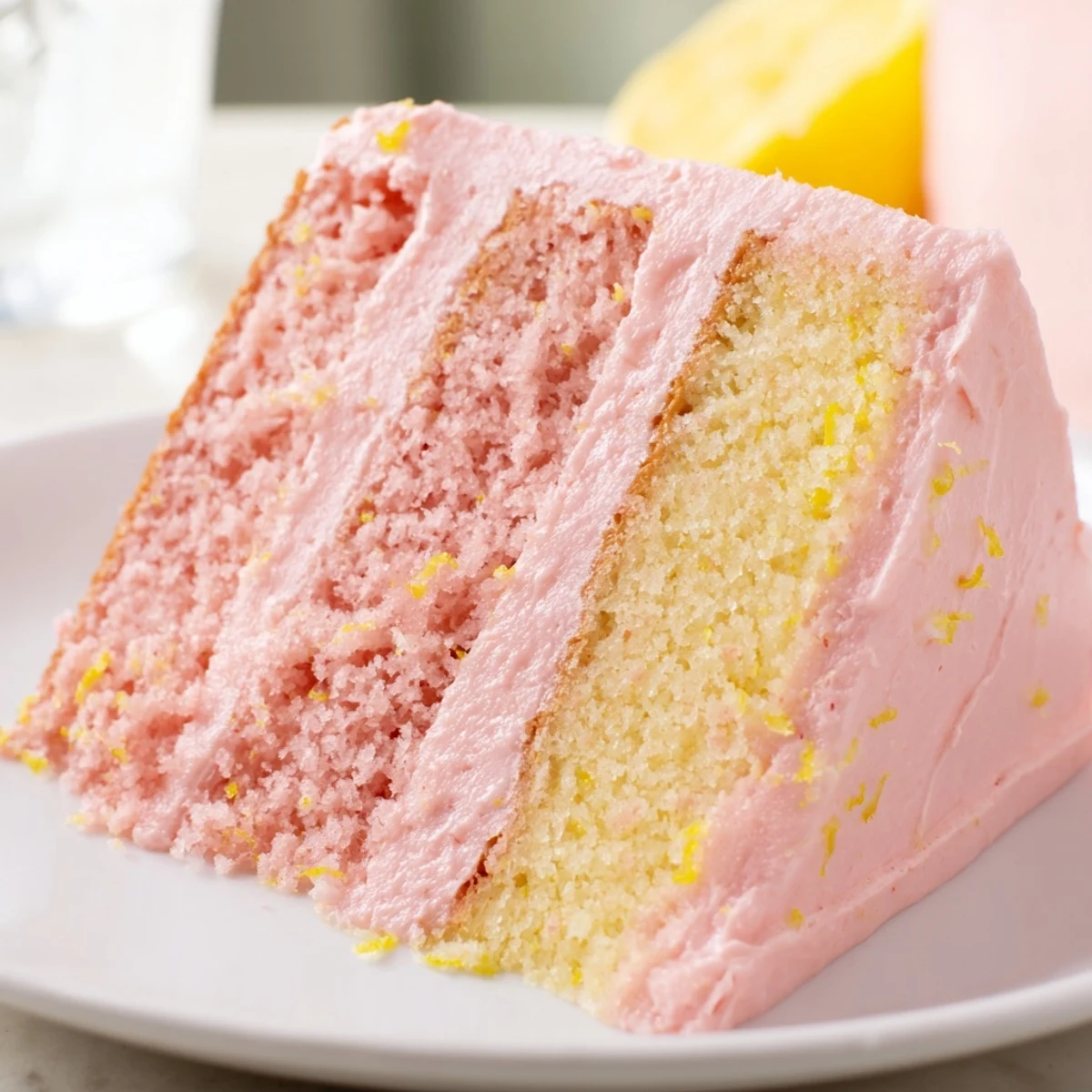 Close-up of Pink Lemonade Layer Cake with Frosting highlighting fluffy texture, lemon zest garnish, and a drizzle of pink glaze.