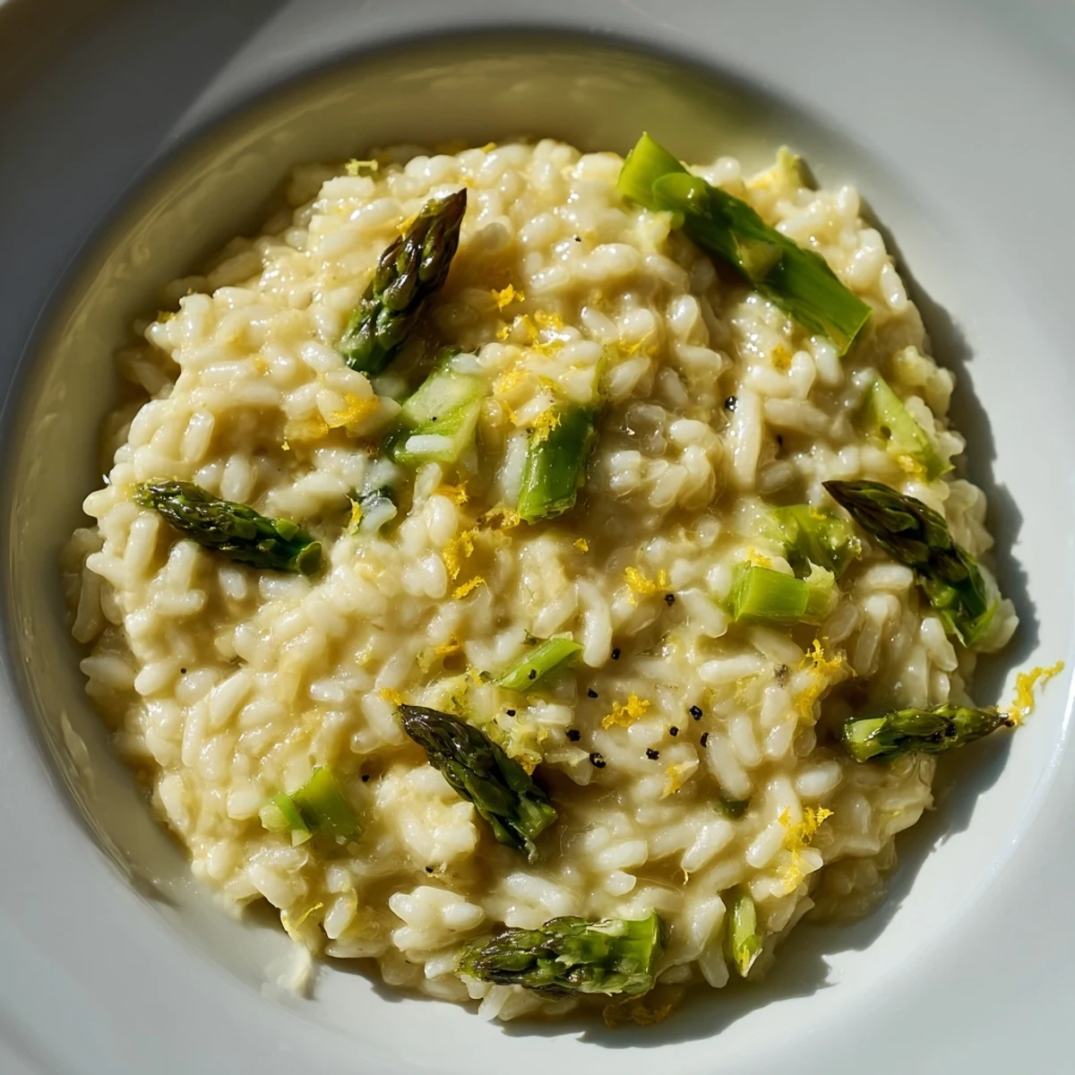 Close-up of Date Night Risotto with Asparagus in a white bowl, steam rising, showing tender green asparagus pieces mixed into the risotto.