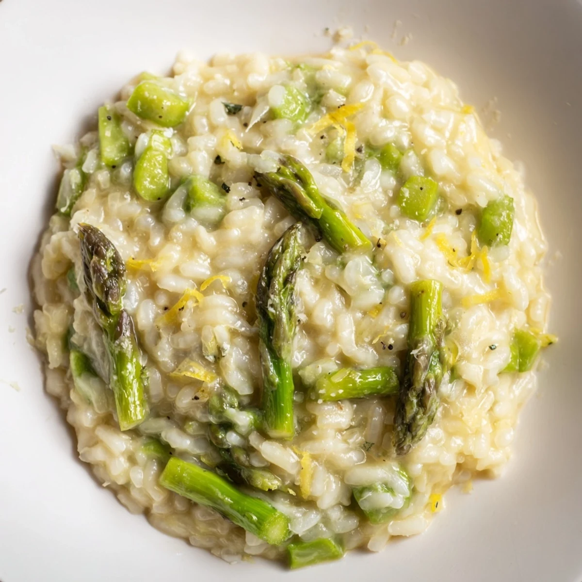 Steaming Date Night Risotto with Asparagus plated for two with a crisp white wine beside it, set on a romantic dinner table.
