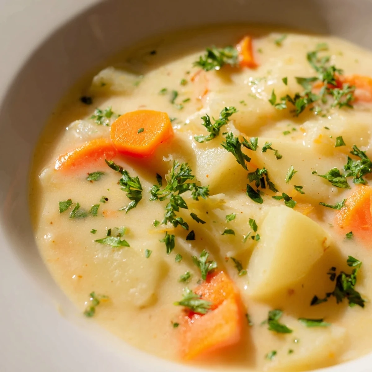 Steaming bowl of Irish Root Soup with Carrots and Parsnips beside a slice of crusty bread.