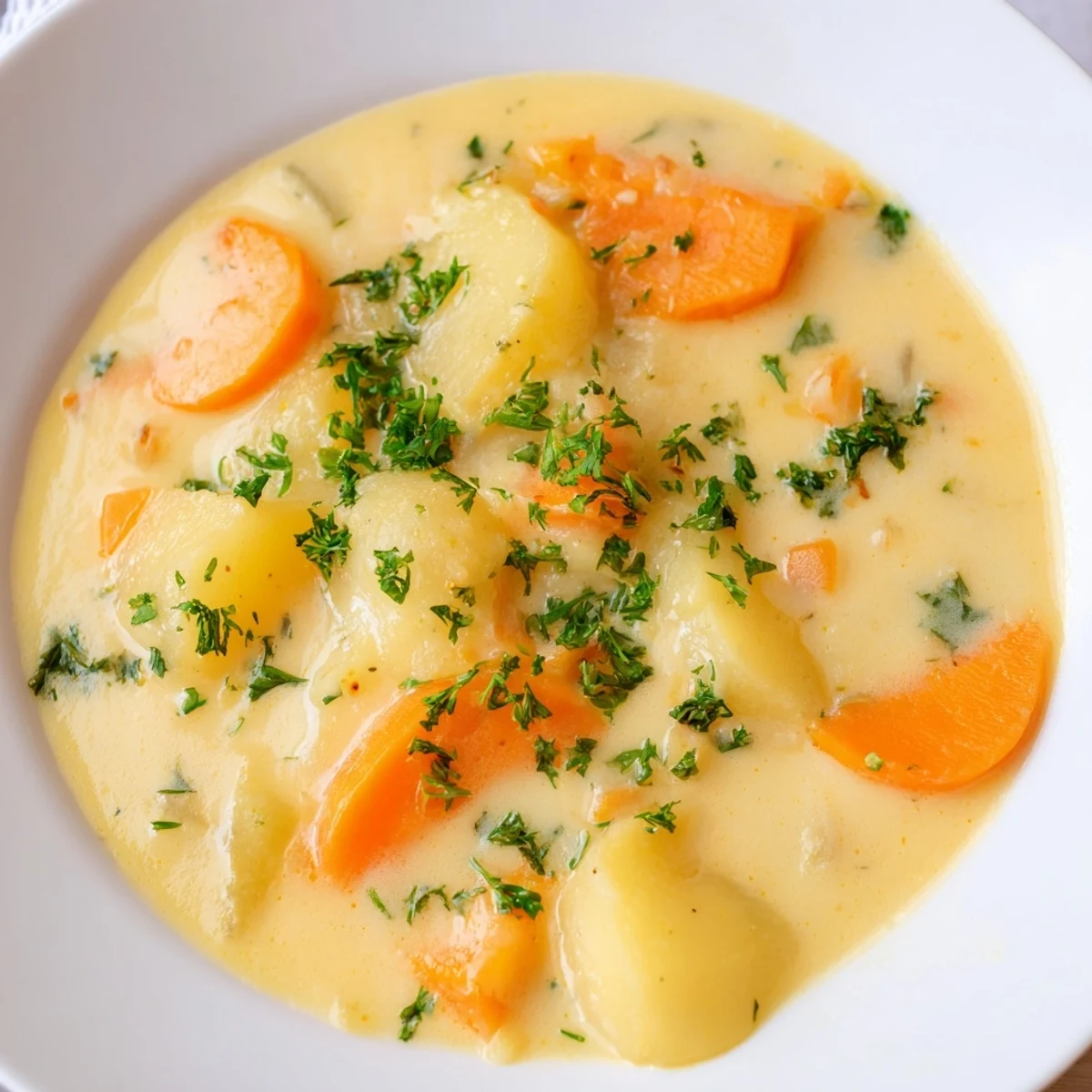 Vibrant, puréed Irish Root Soup with Carrots and Parsnips served with fresh parsley and black pepper.