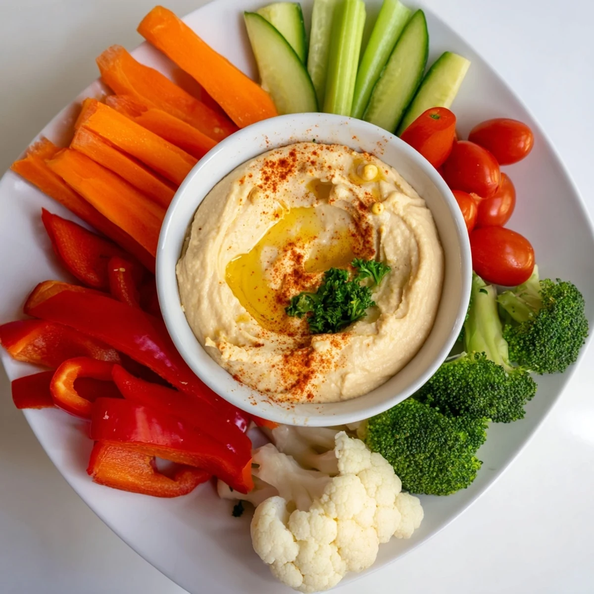A vibrant Touchdown Veggie Platter with Hummus features crisp cucumbers, carrots, and cherry tomatoes arranged around a creamy, paprika-dusted dip.
