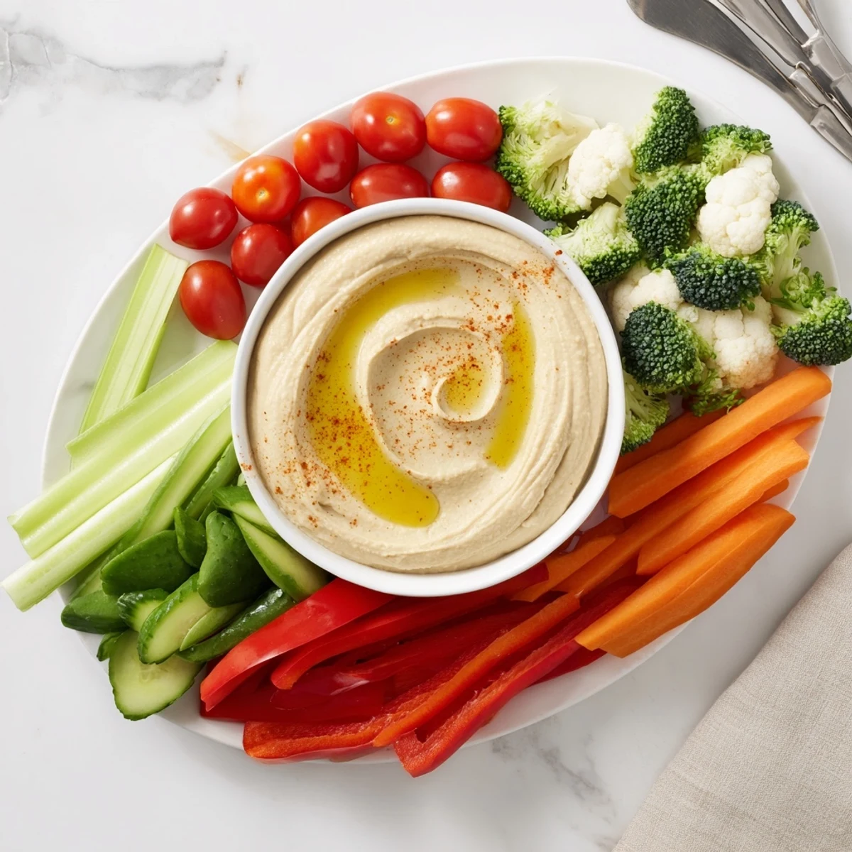 An inviting Touchdown Veggie Platter with Hummus showcases colorful broccoli florets, celery sticks, and bell pepper strips surrounding a smooth, homemade hummus dip.