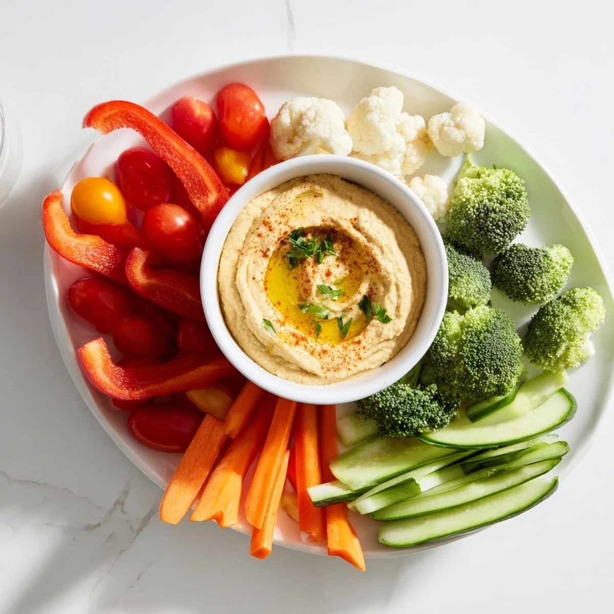 This easy Touchdown Veggie Platter with Hummus displays fresh snap peas and cauliflower florets alongside a rich, tahini-based Mediterranean dip, perfect for game day.