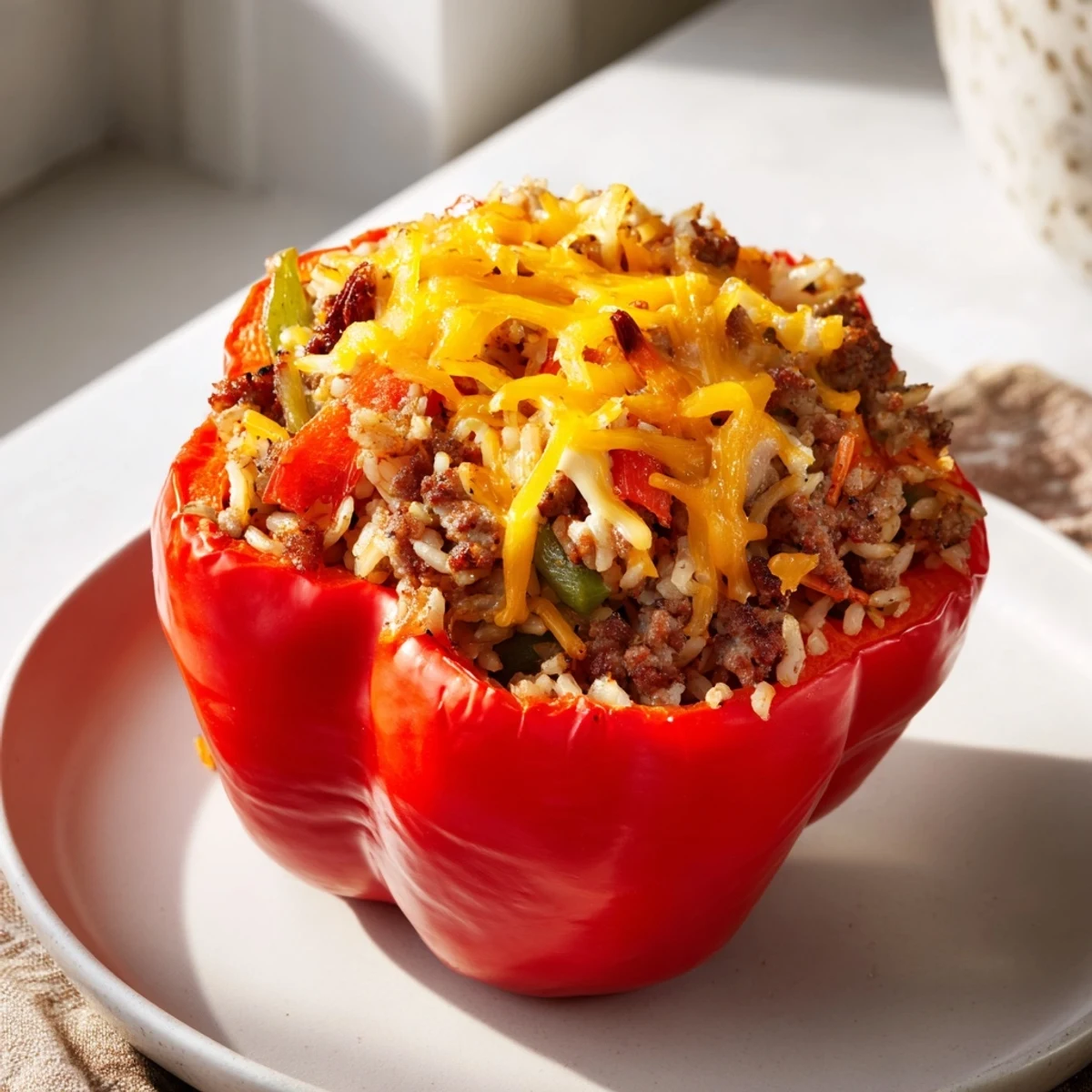 Golden-brown Creole stuffed peppers rest in a baking dish, with melted cheddar cheese bubbling on top and steam gently rising.