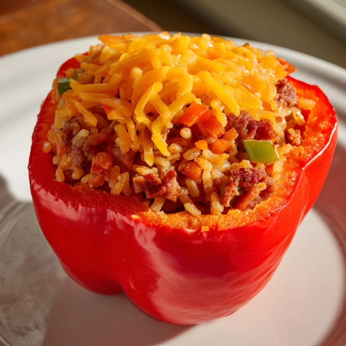A close-up view of a halved Creole stuffed pepper reveals a hearty filling of seasoned rice, diced sausage, and colorful vegetables.