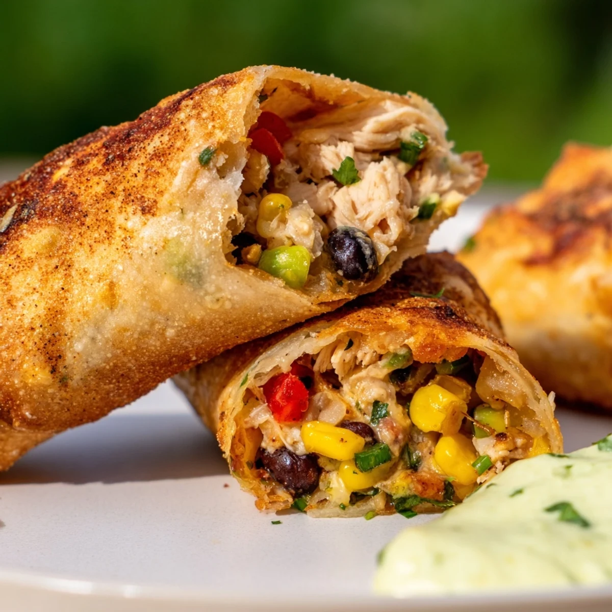Golden-baked Southwest egg rolls with creamy avocado ranch dip on a platter, perfect for game day parties.  