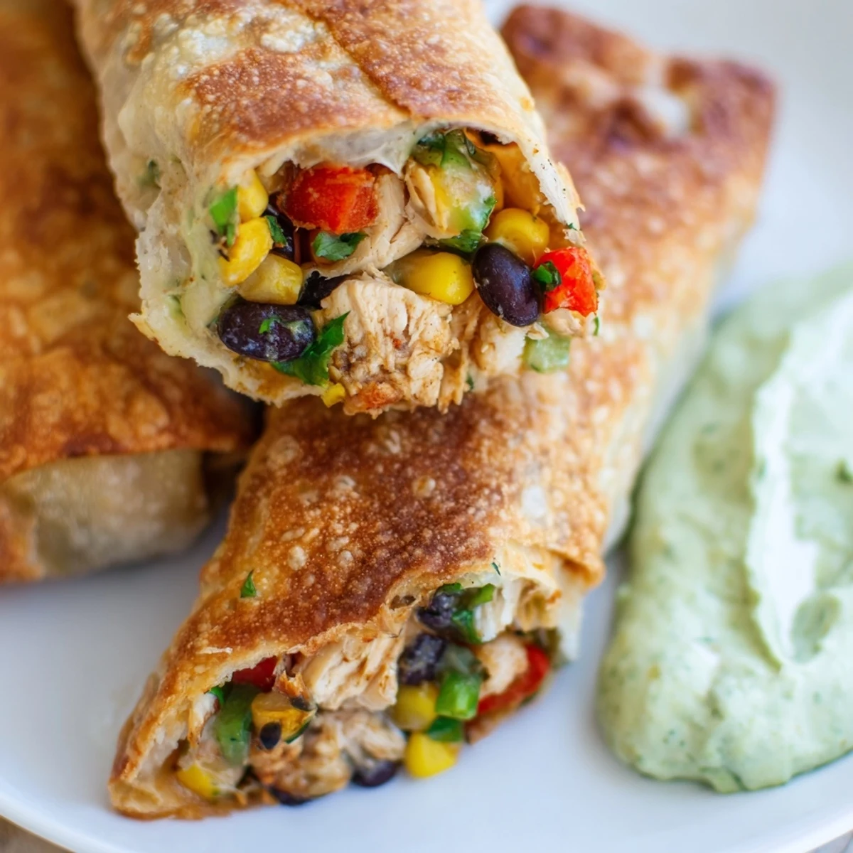 Crispy fried Super Bowl Southwest egg rolls with a zesty chicken and bean filling beside fresh avocado dip.  
