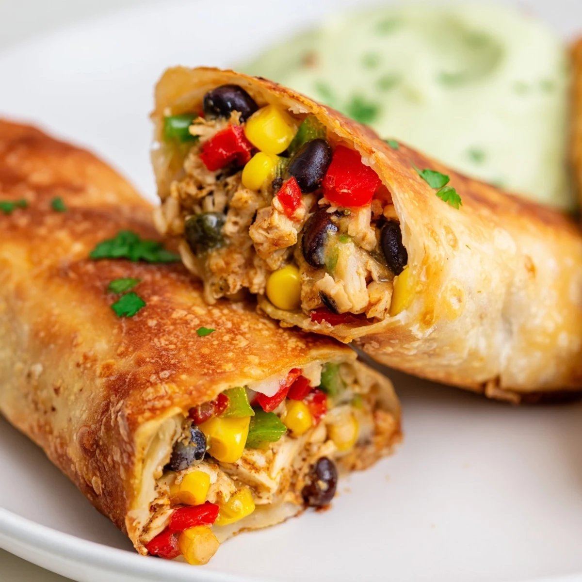 Fresh Super Bowl Southwest egg rolls with a golden crust, served with vibrant green avocado ranch dip.