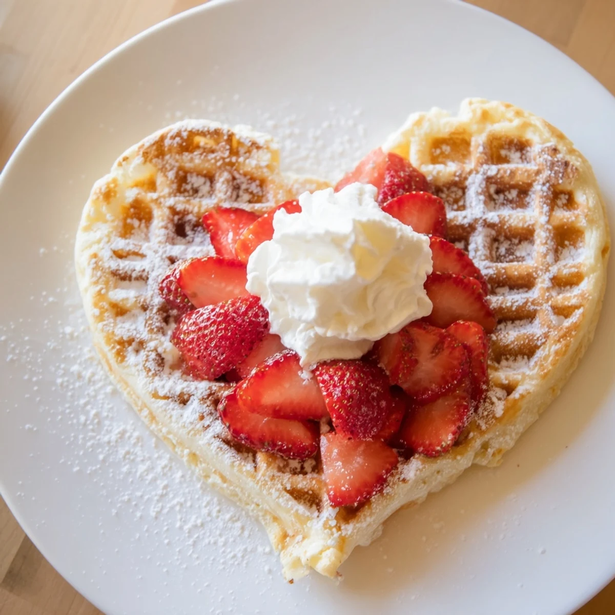 Crisp golden Sweetheart Heart Shaped Waffles stack nicely, with fresh strawberry slices and a dusting of powdered sugar for a romantic, cozy breakfast.