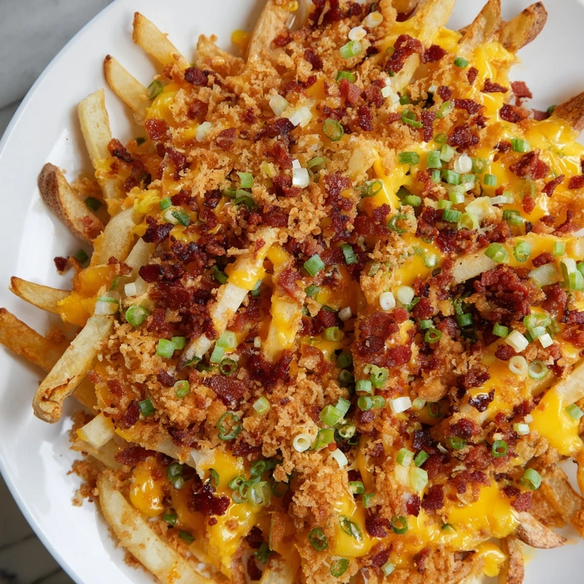 A serving of cheesy Super Bowl fries with turkey bacon, drizzled with sour cream and perfect for game day parties.