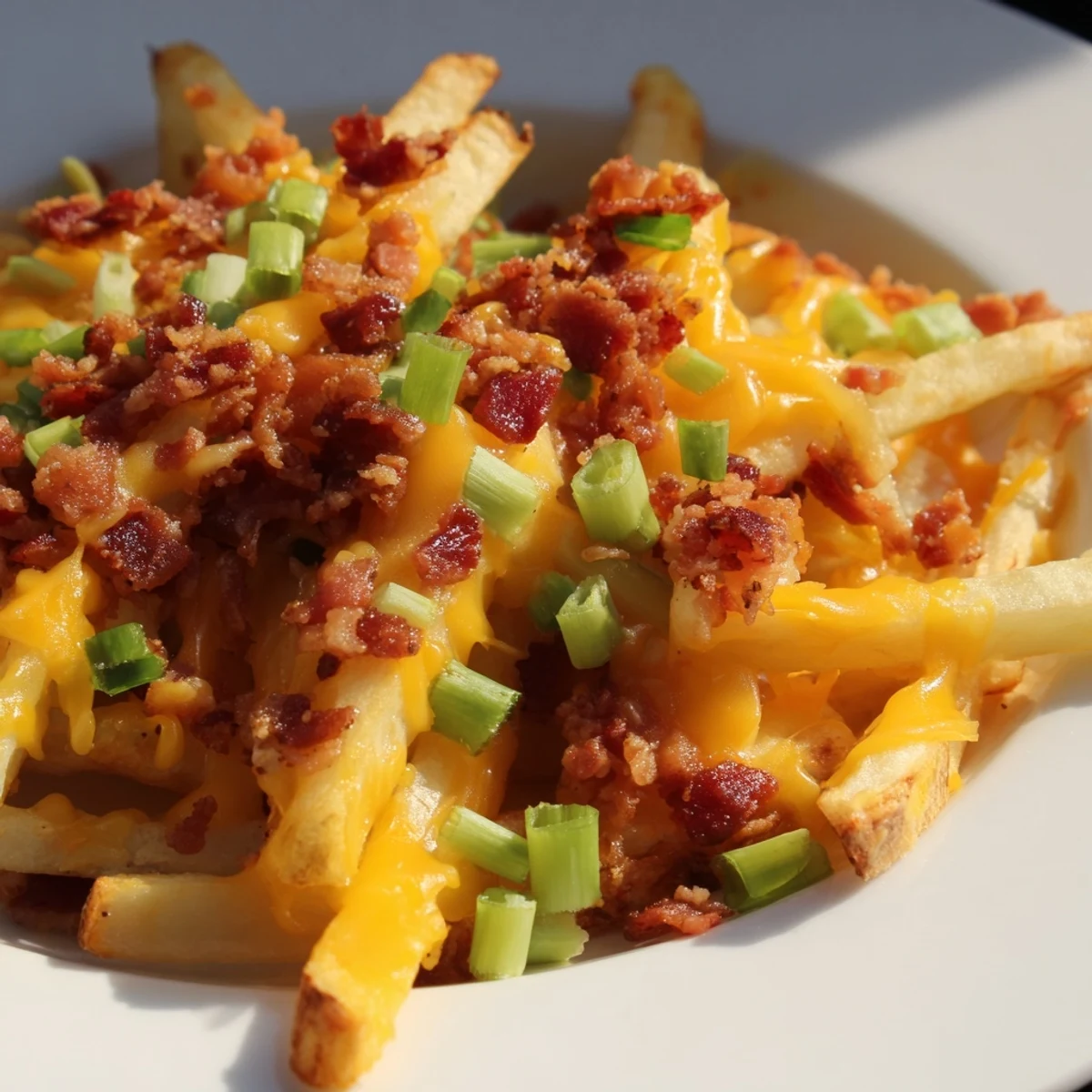 A close-up of crispy potato fries loaded with bubbly cheese and savory turkey bacon, garnished with fresh green onions.