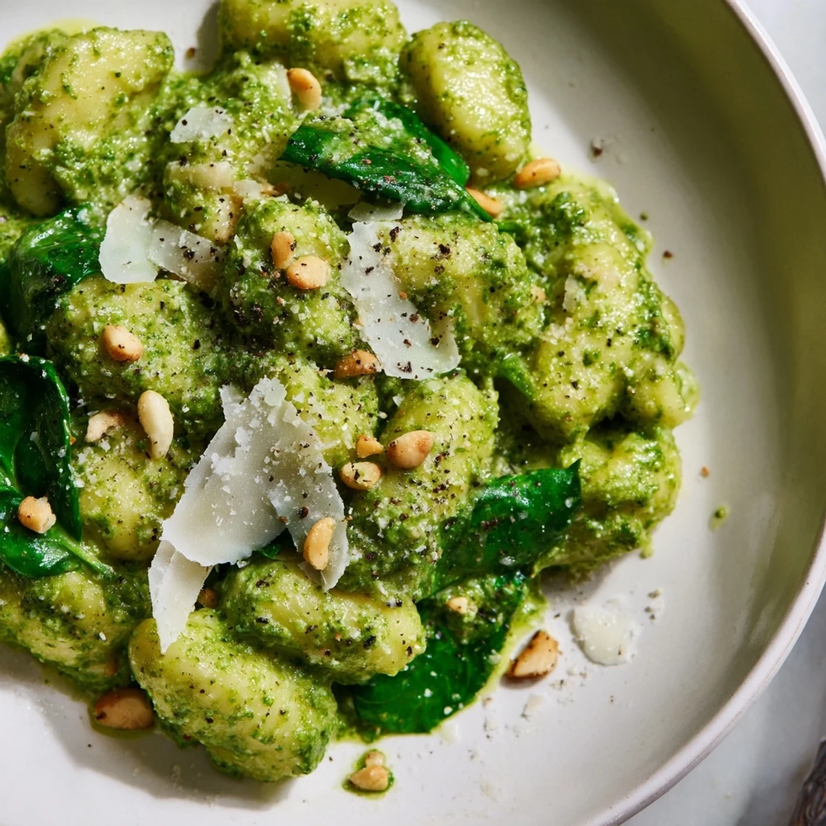Close-up of Green Pesto Gnocchi with Spinach showing pillowy gnocchi coated in bright basil sauce and wilted greens.