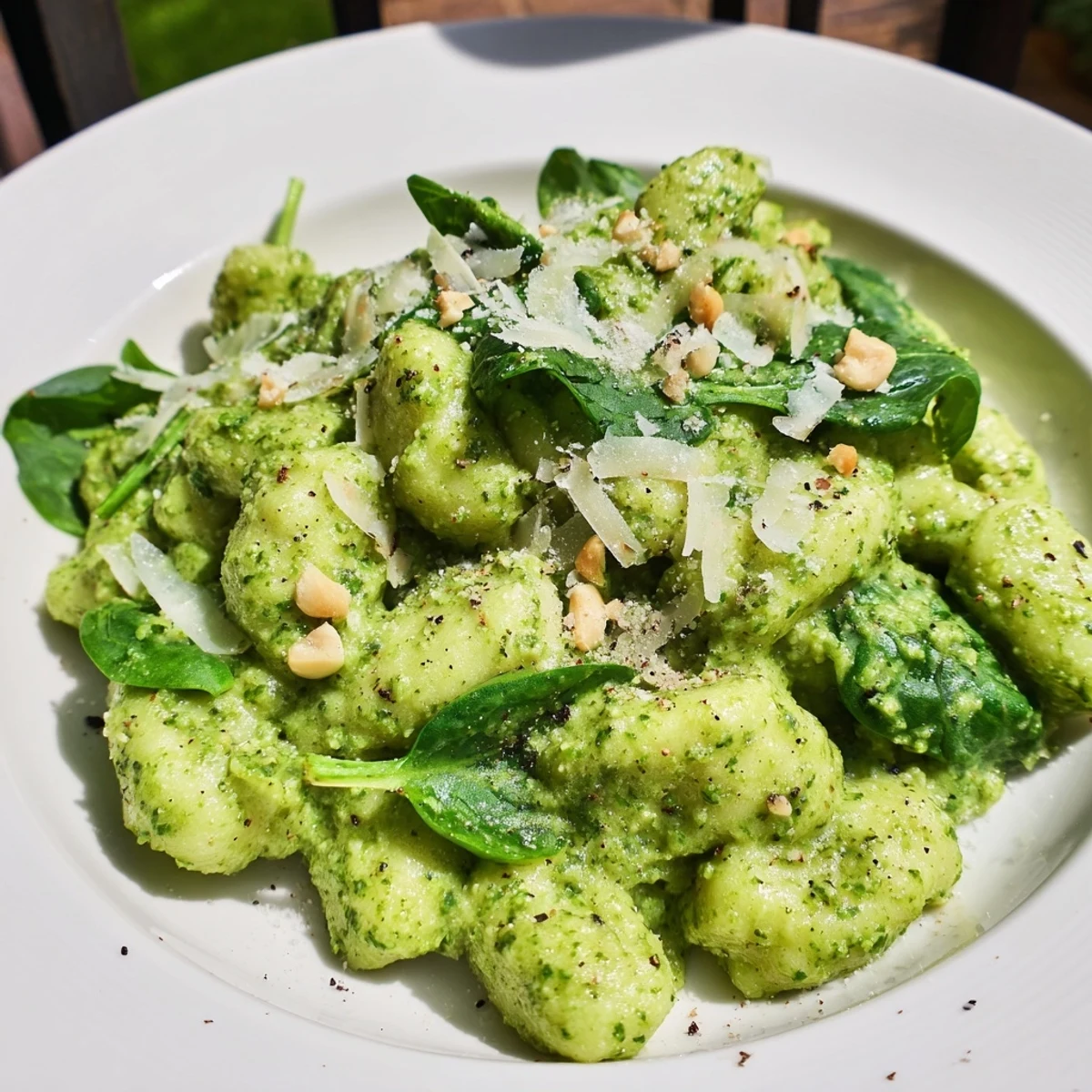 A steaming skillet of Green Pesto Gnocchi with Spinach tossed together, ready for a quick weeknight vegetarian dinner.