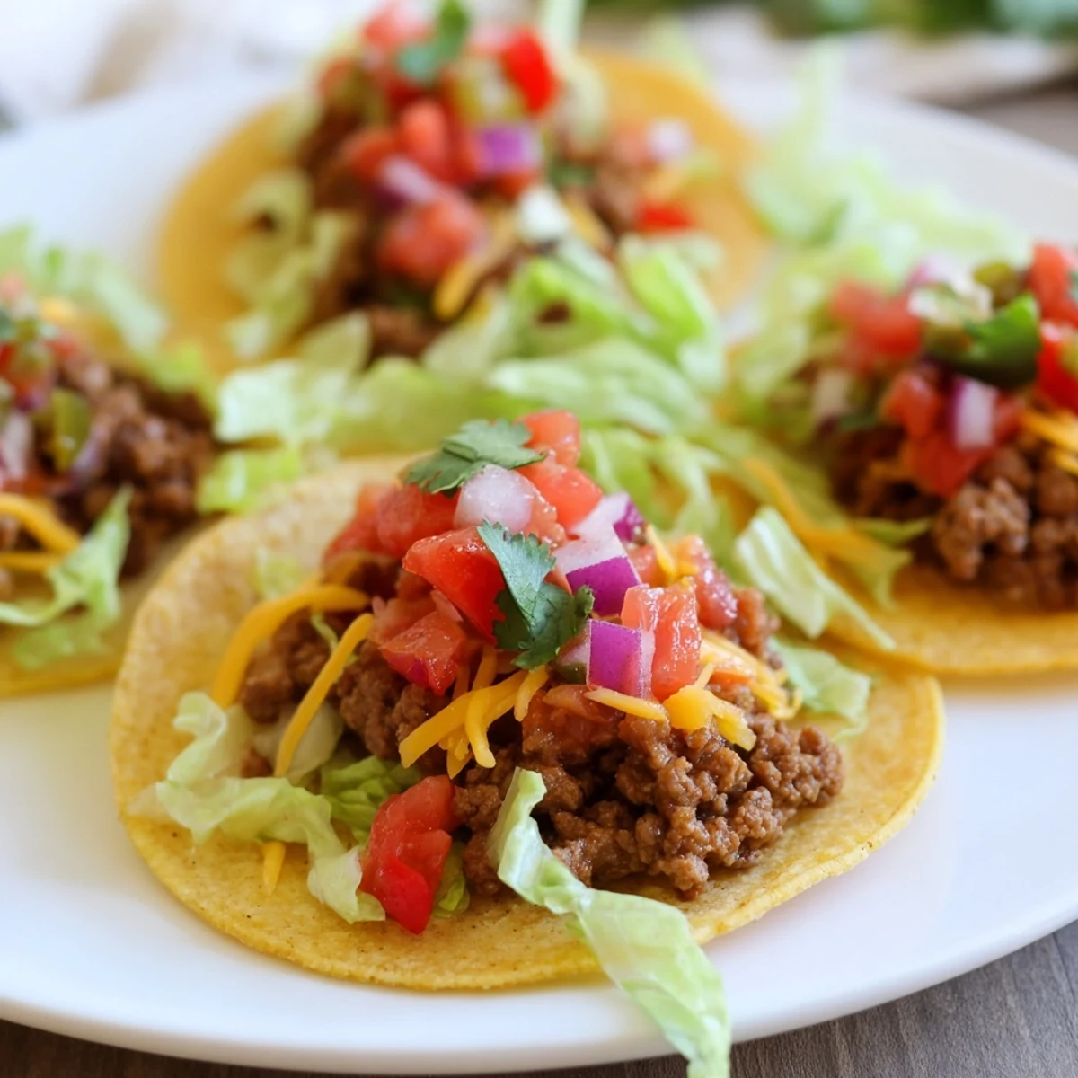 Freshly assembled Big Game Mini Tacos with salsa, cheese, and lettuce on a wooden platter.