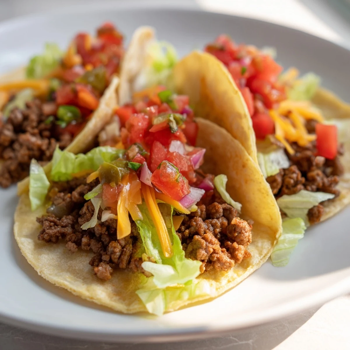 Golden mini beef tacos topped with zesty salsa and avocado slices, perfect for parties.