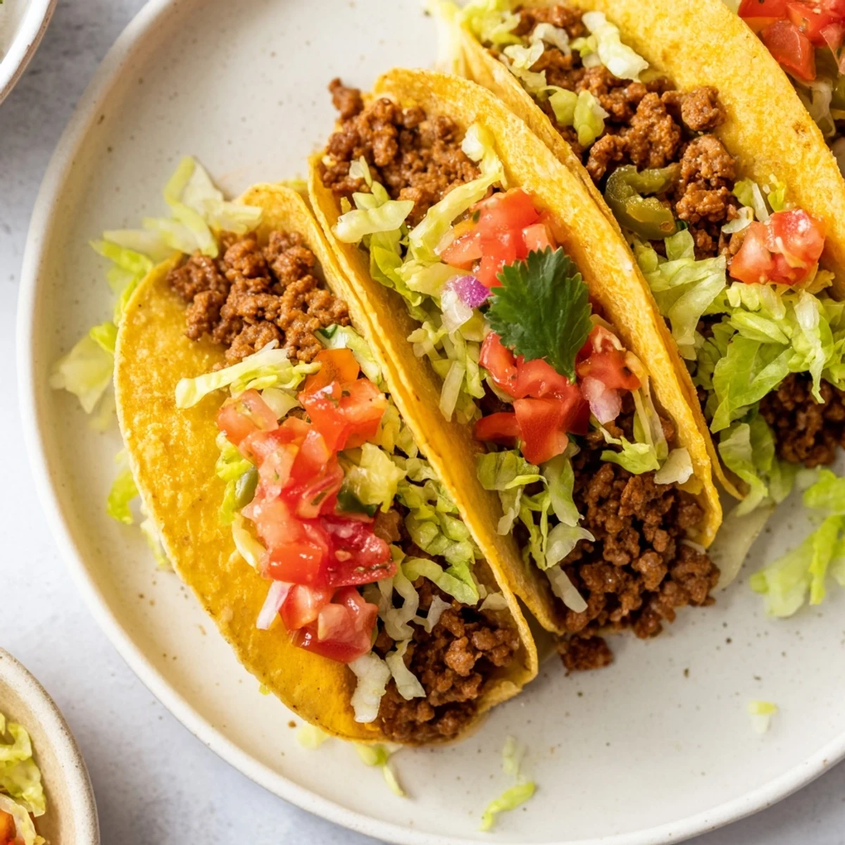 Close-up of a hand holding a Big Game Mini Taco with sour cream and salsa.