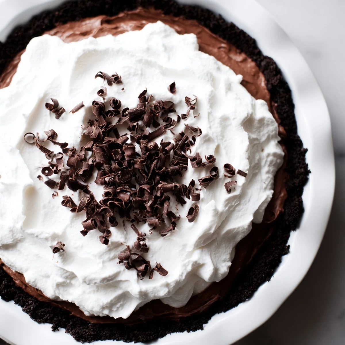 A Romantic Chocolate Silk Pie slice showing velvety chocolate layers and whipped cream on a plate, perfect for a romantic dessert for two.