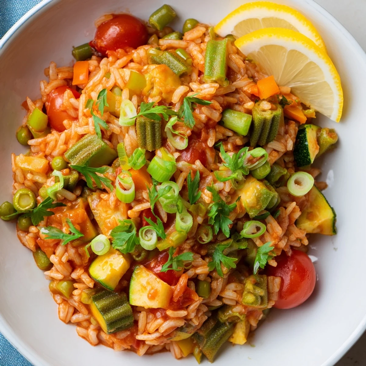 Brightly colored Mardi Gras Vegetable Jambalaya in a white bowl, garnished with fresh parsley and served with lemon wedges for a festive touch.