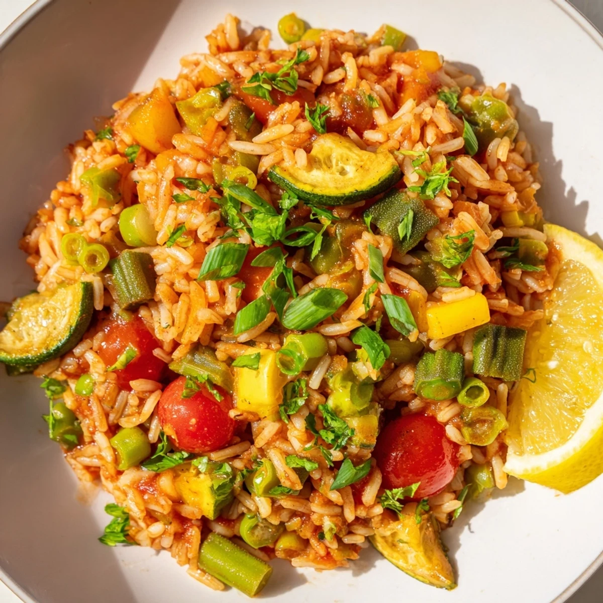 Steaming hot Mardi Gras Vegetable Jambalaya featuring red and green bell peppers, okra, and cherry tomatoes, ready to serve as a spicy main dish.