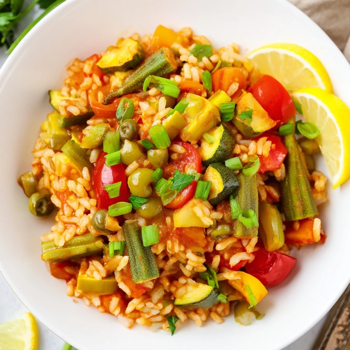 Overhead view of a pot filled with freshly cooked Mardi Gras Vegetable Jambalaya, showcasing a vibrant mix of diced vegetables and fluffy rice.