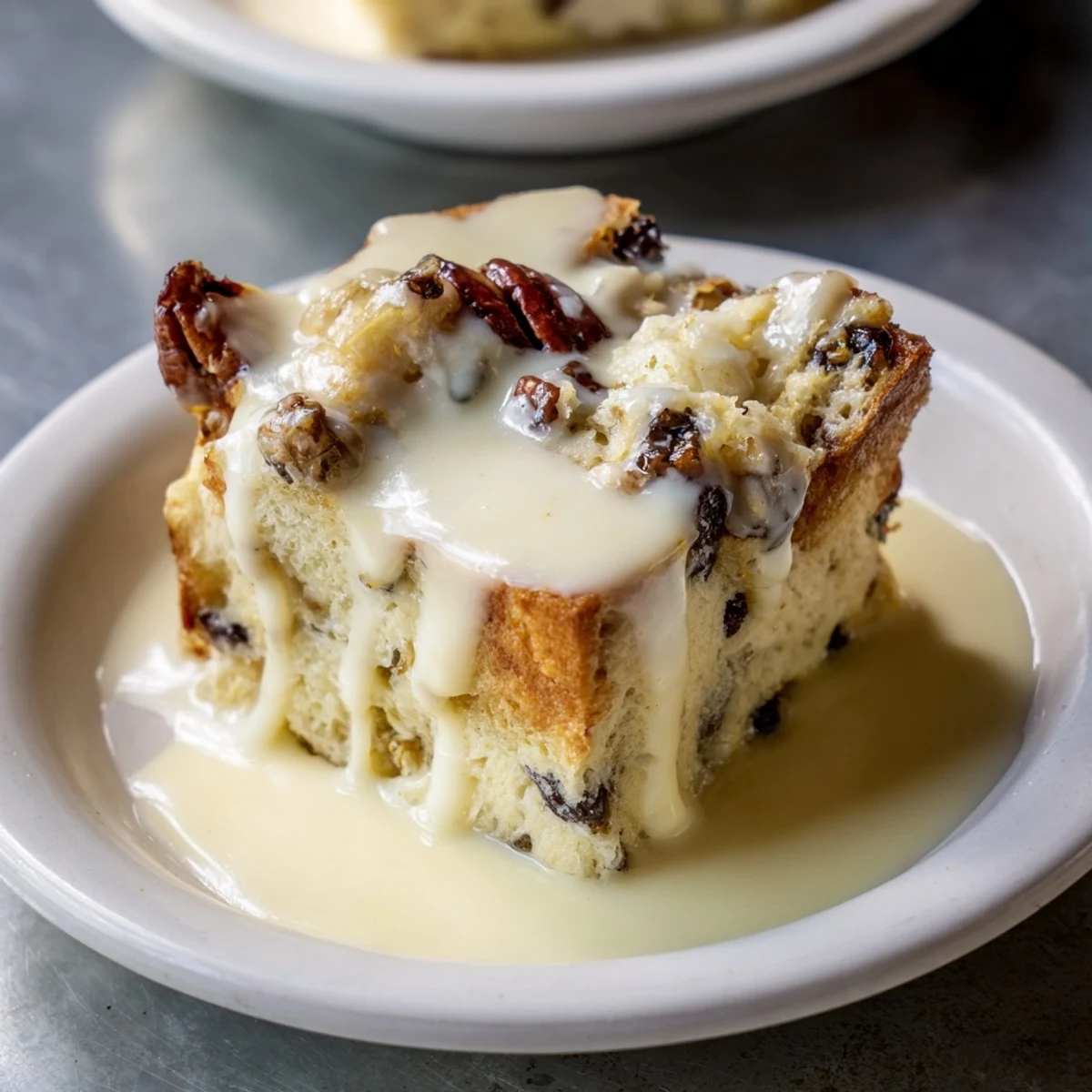 Warm New Orleans Bread Pudding served in a rustic bowl, drizzled with homemade vanilla sauce and a dusting of cinnamon.