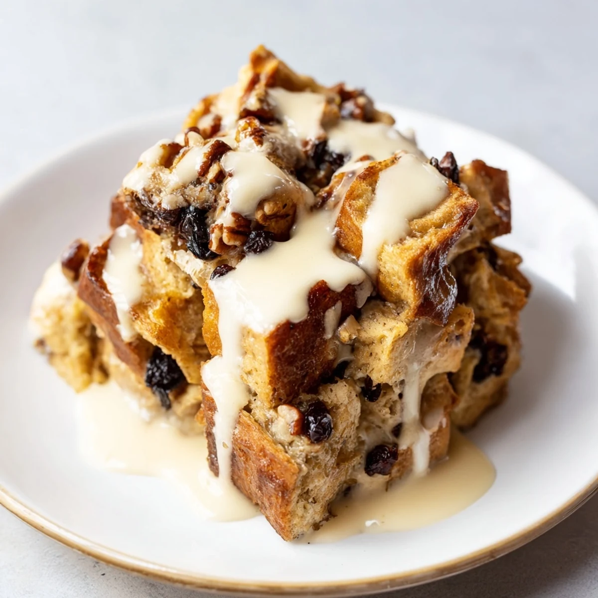 Freshly baked New Orleans Bread Pudding in a ceramic dish, glistening with rich vanilla sauce and topped with toasted pecans.