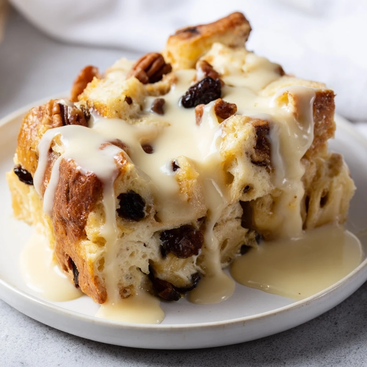 Golden brown slices of New Orleans Bread Pudding on a plate, accompanied by a pitcher of sweet vanilla sauce for pouring.