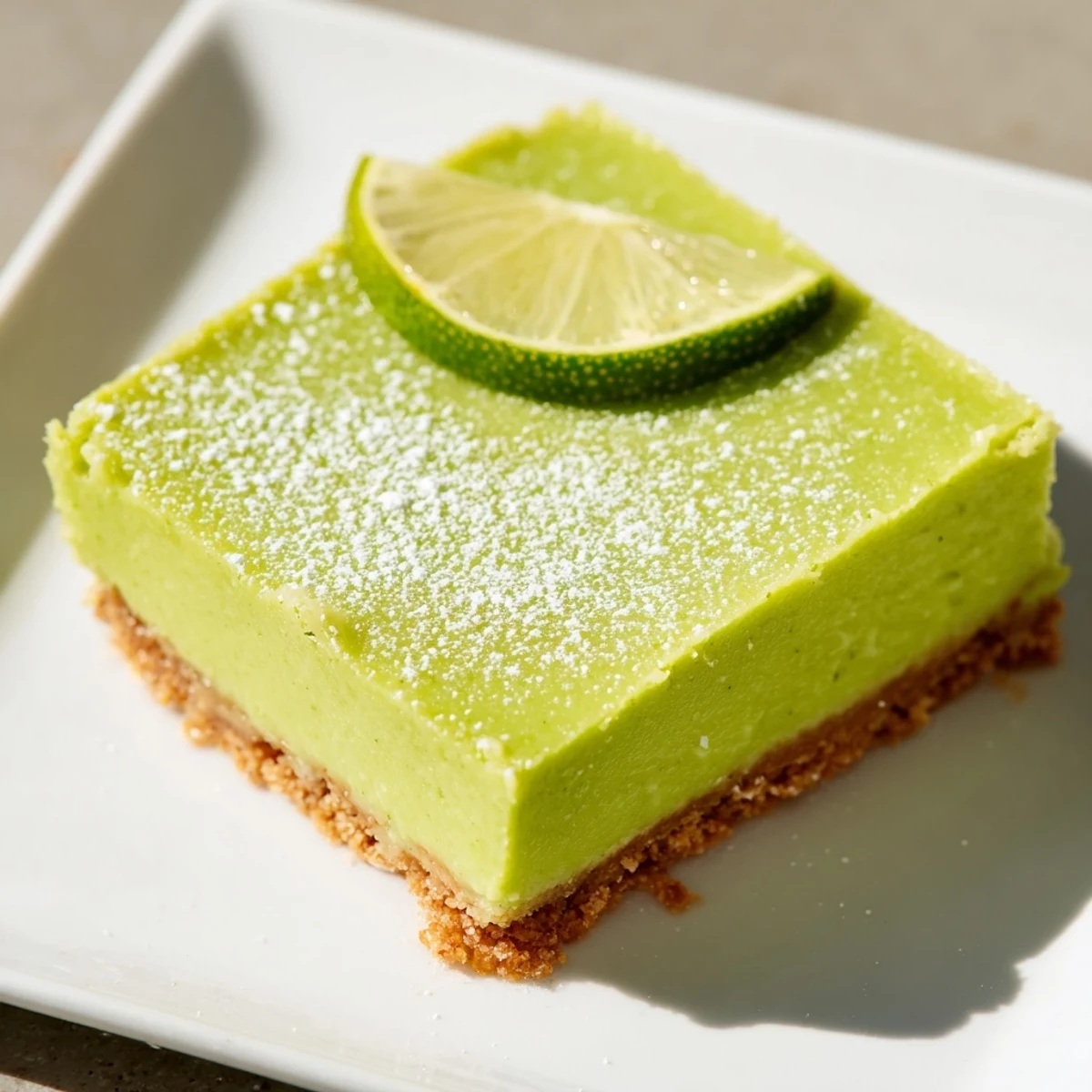 Chilled St. Patrick's Day lime bars dusted with powdered sugar, showcasing their smooth, tangy texture and crisp, golden-brown graham cracker base.