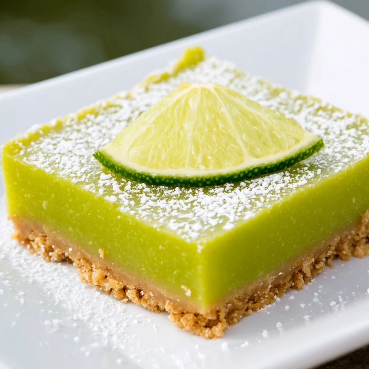 Zesty lime bars on a festive plate, featuring a buttery graham crust and a bright green filling perfect for holiday parties.