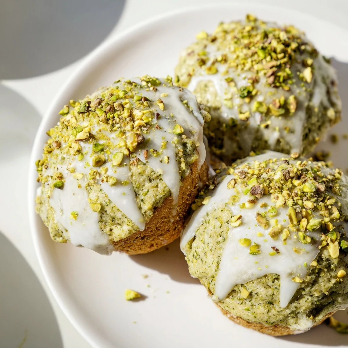Moist Green Pistachio Muffins topped with sweet glaze and chopped nuts, perfect for a delightful snack on a sunny kitchen counter.