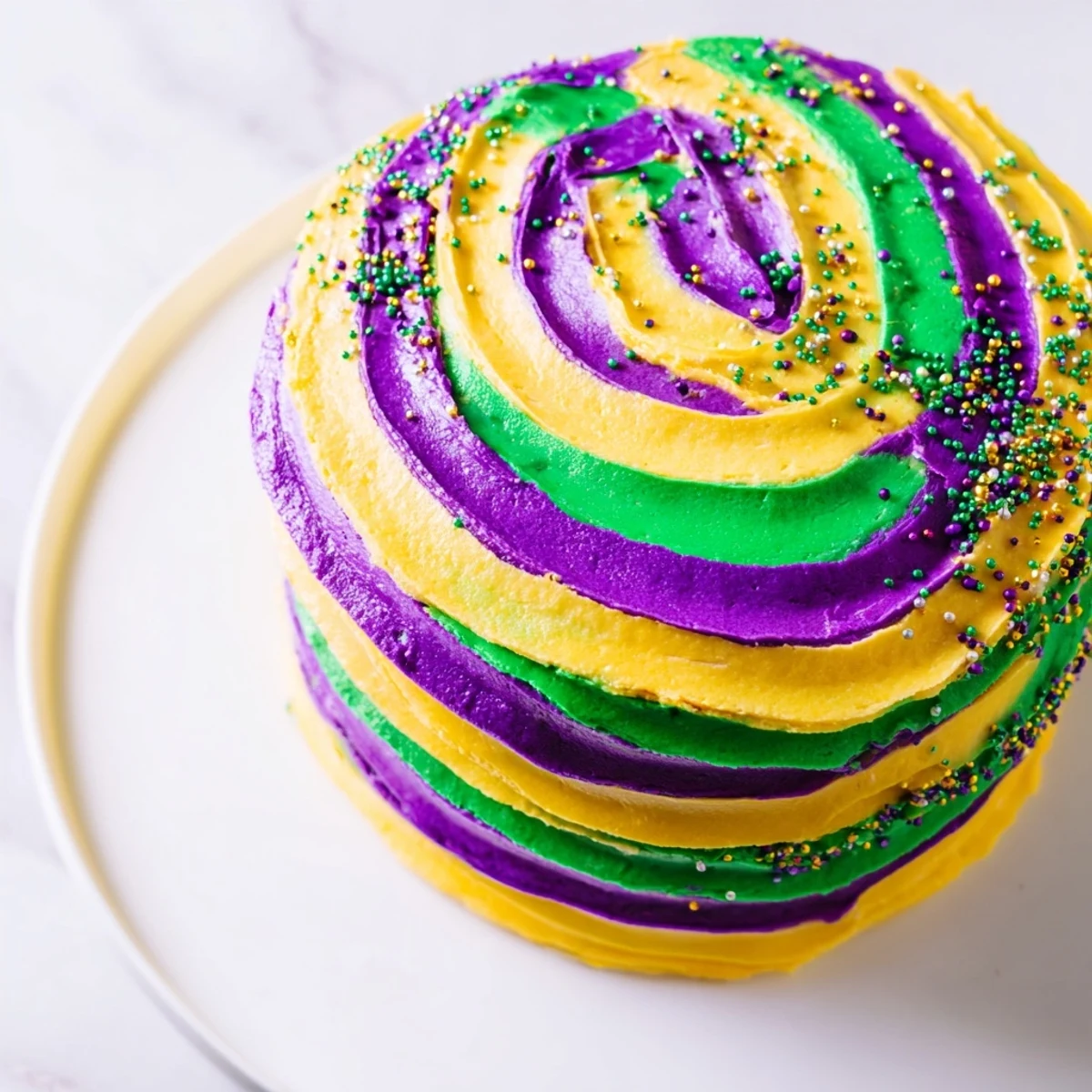 Perfectly frosted Mardi Gras Cake with tricolor icing, ready to serve on a festive dessert table for celebrations.