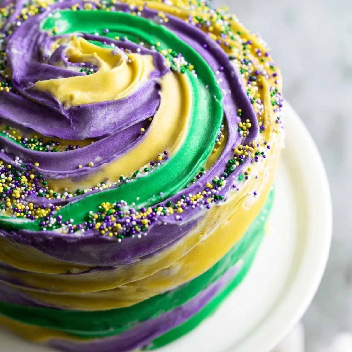 Festive Mardi Gras Cake with tricolor icing, showcasing vibrant purple, green, and gold swirls on a fluffy, classic dessert.