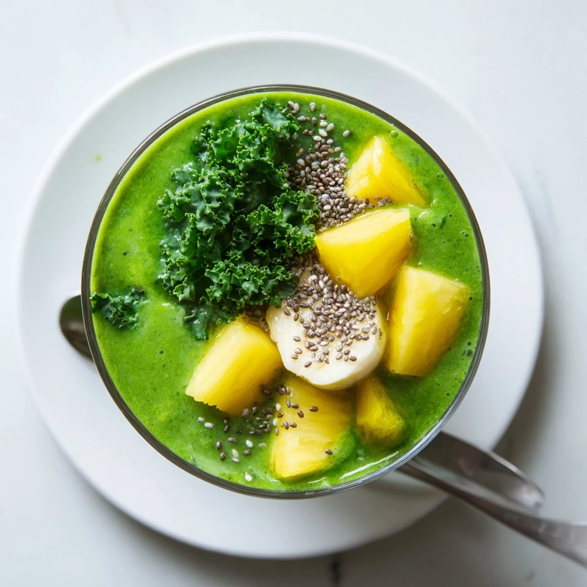 Close-up of Green Smoothie with Kale and Pineapple being poured, highlighting its vibrant green color and creamy, icy texture.