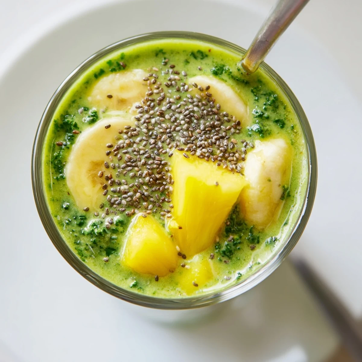 Two refreshing glasses of Green Smoothie with Kale and Pineapple served with a striped straw and bright citrus slices.