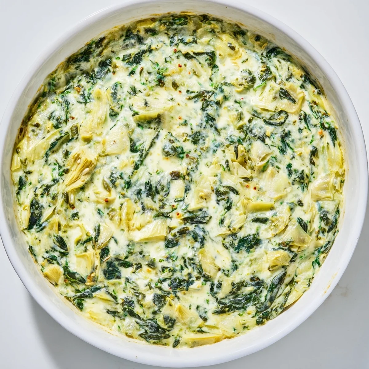 A warm, golden-baked Spinach and Artichoke Dip in a ceramic dish, its creamy, cheesy surface bubbling invitingly. A trio of dipping options—tortilla chips, sliced baguette, and crunchy vegetable sticks—are arranged nearby, perfect for a party appetizer spread.