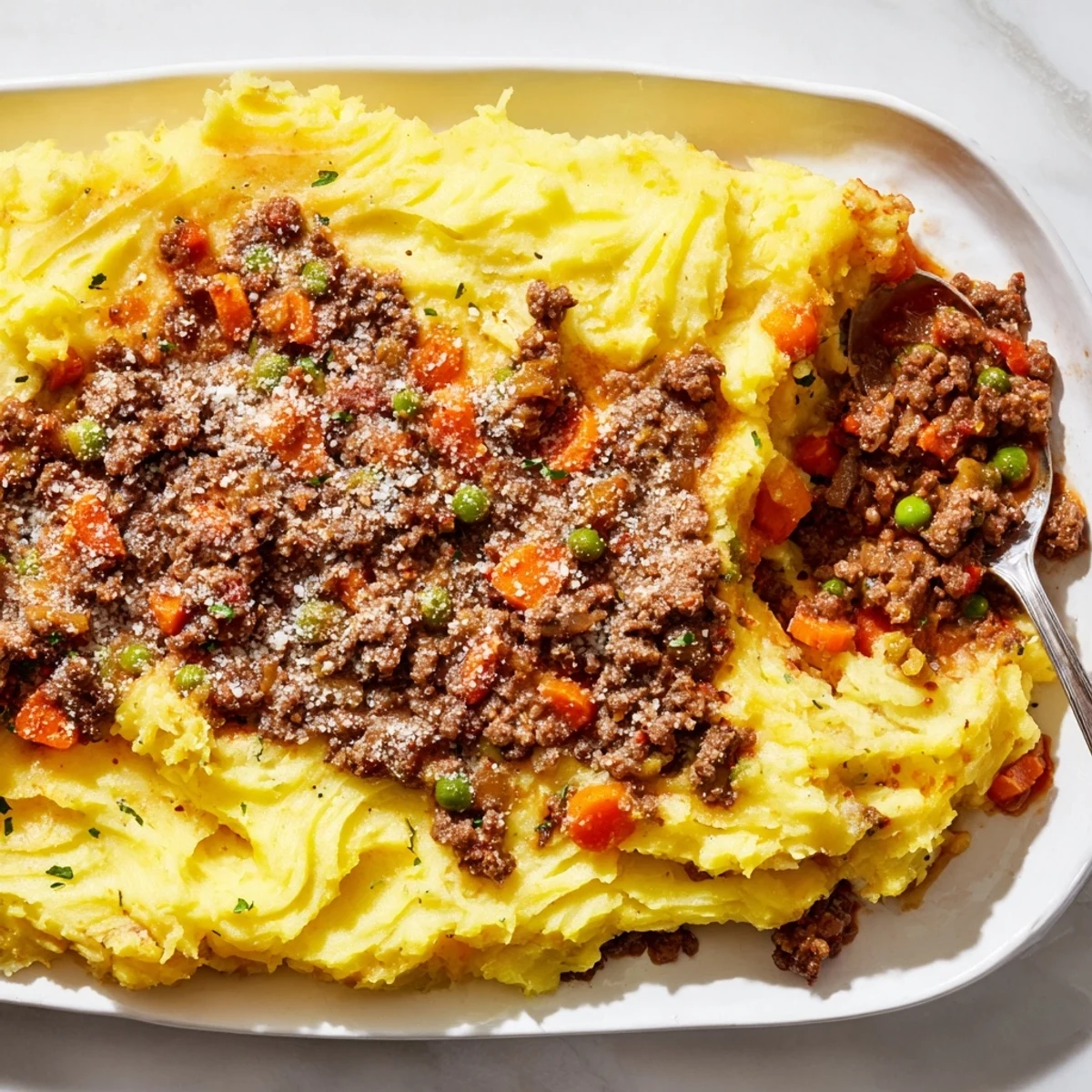 Freshly baked Shepherd's Pie with Ground Beef with golden ridges, resting on a rustic wooden table.
