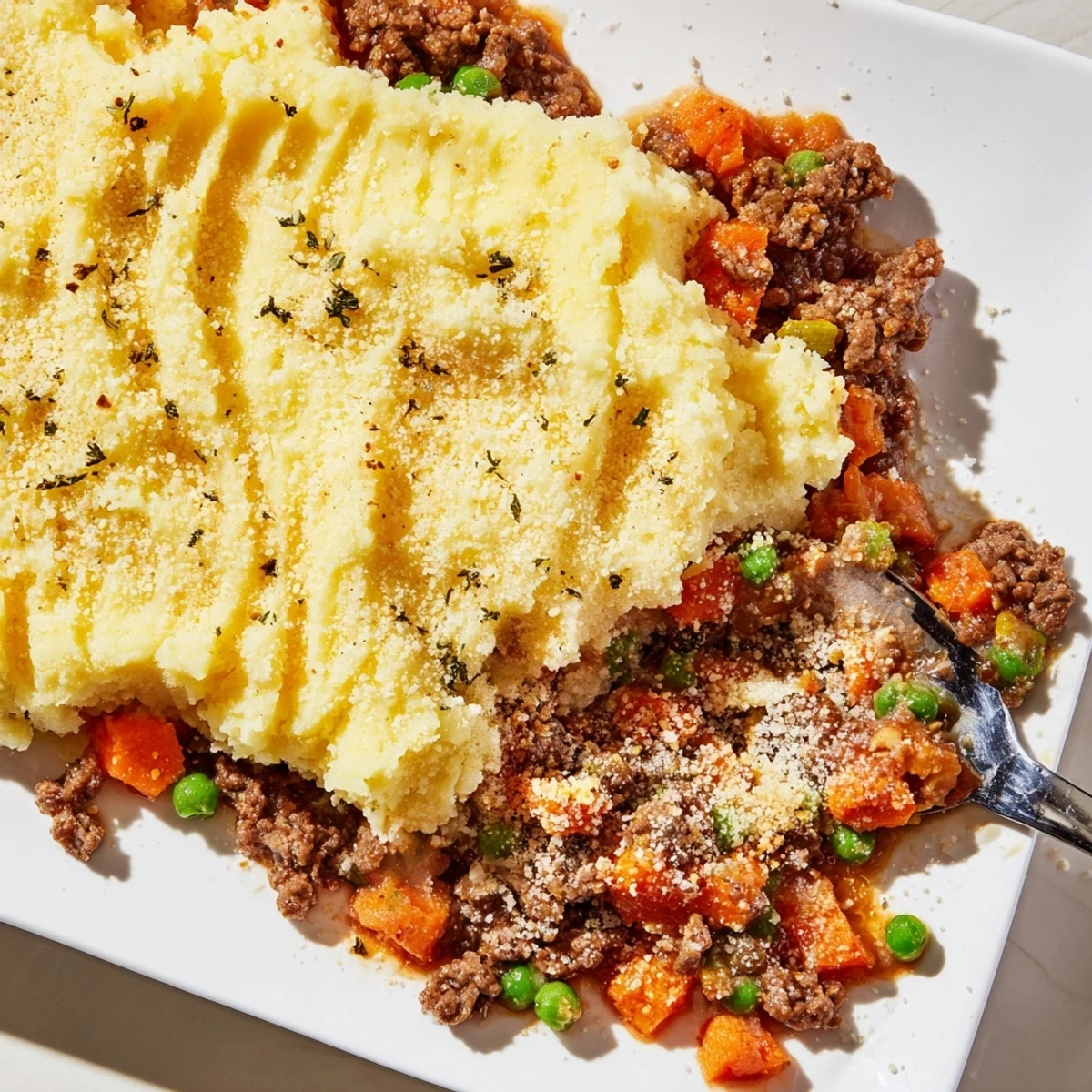 Bubbling Shepherd's Pie with Ground Beef features savory beef filling and creamy, cheesy potato swirls.