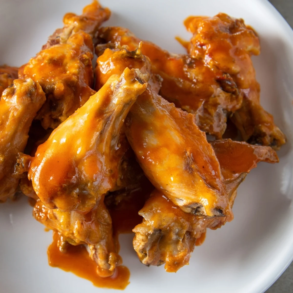 Crispy baked Chicken Wings with Buffalo Sauce glistening with tangy, spicy glaze on a platter with celery sticks.