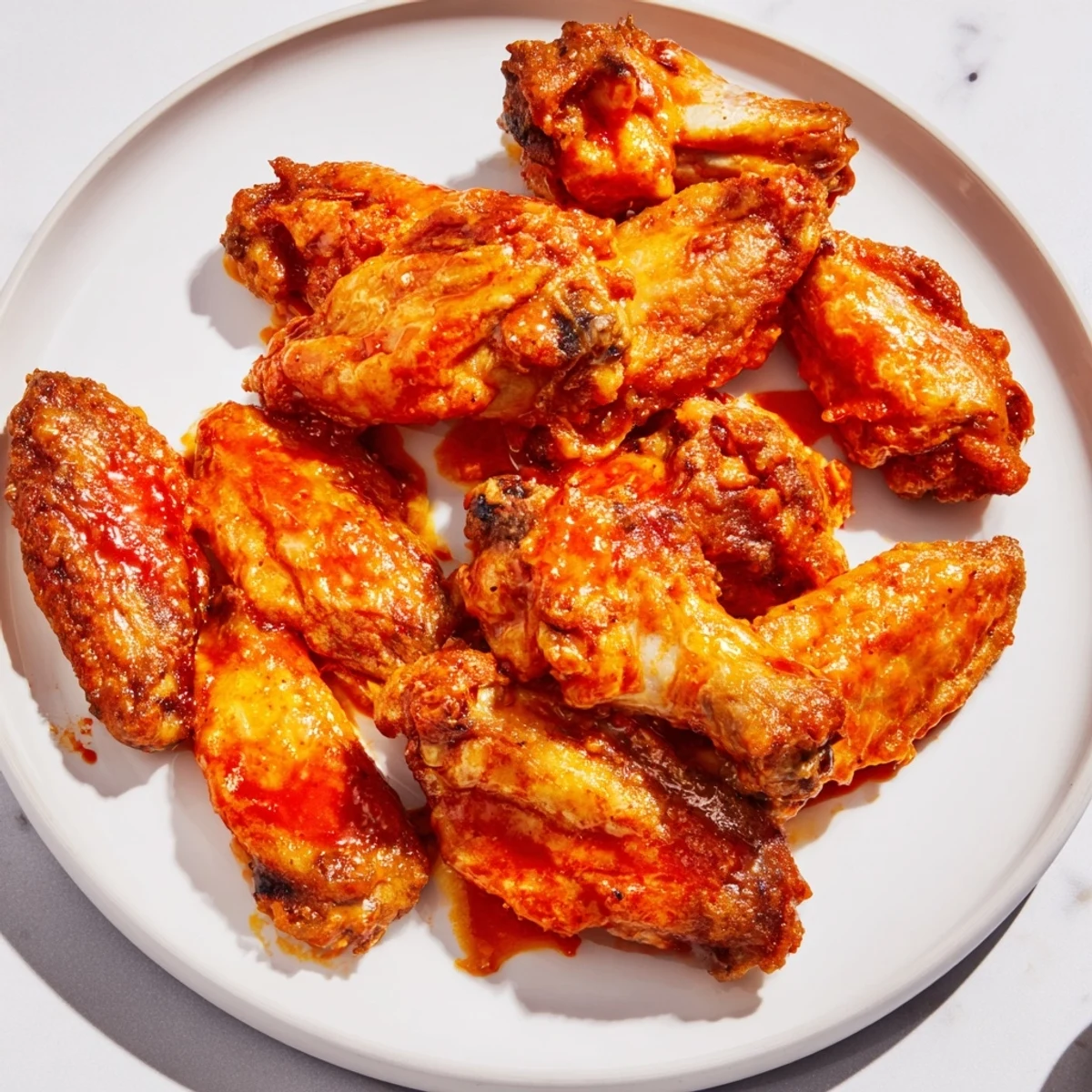 Freshly prepared Chicken Wings with Buffalo Sauce arranged on a wire rack, garnished with celery and carrot sticks.