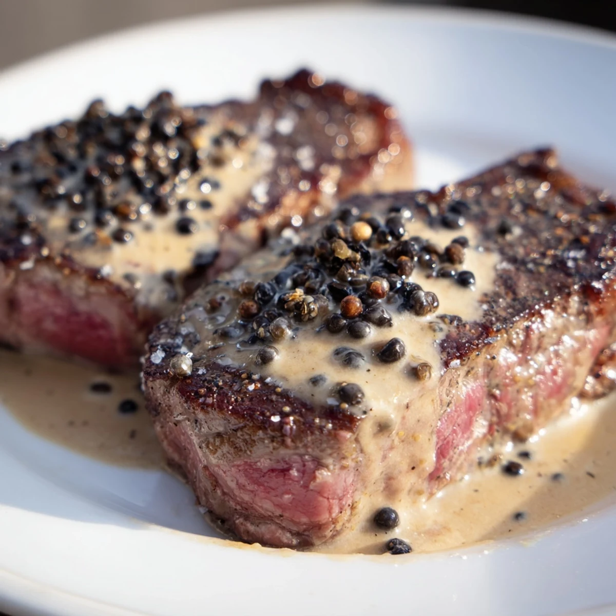 Close-up of a juicy, medium-rare Steak with Peppercorn Sauce, served alongside crispy golden French fries and a fresh sprig of rosemary.