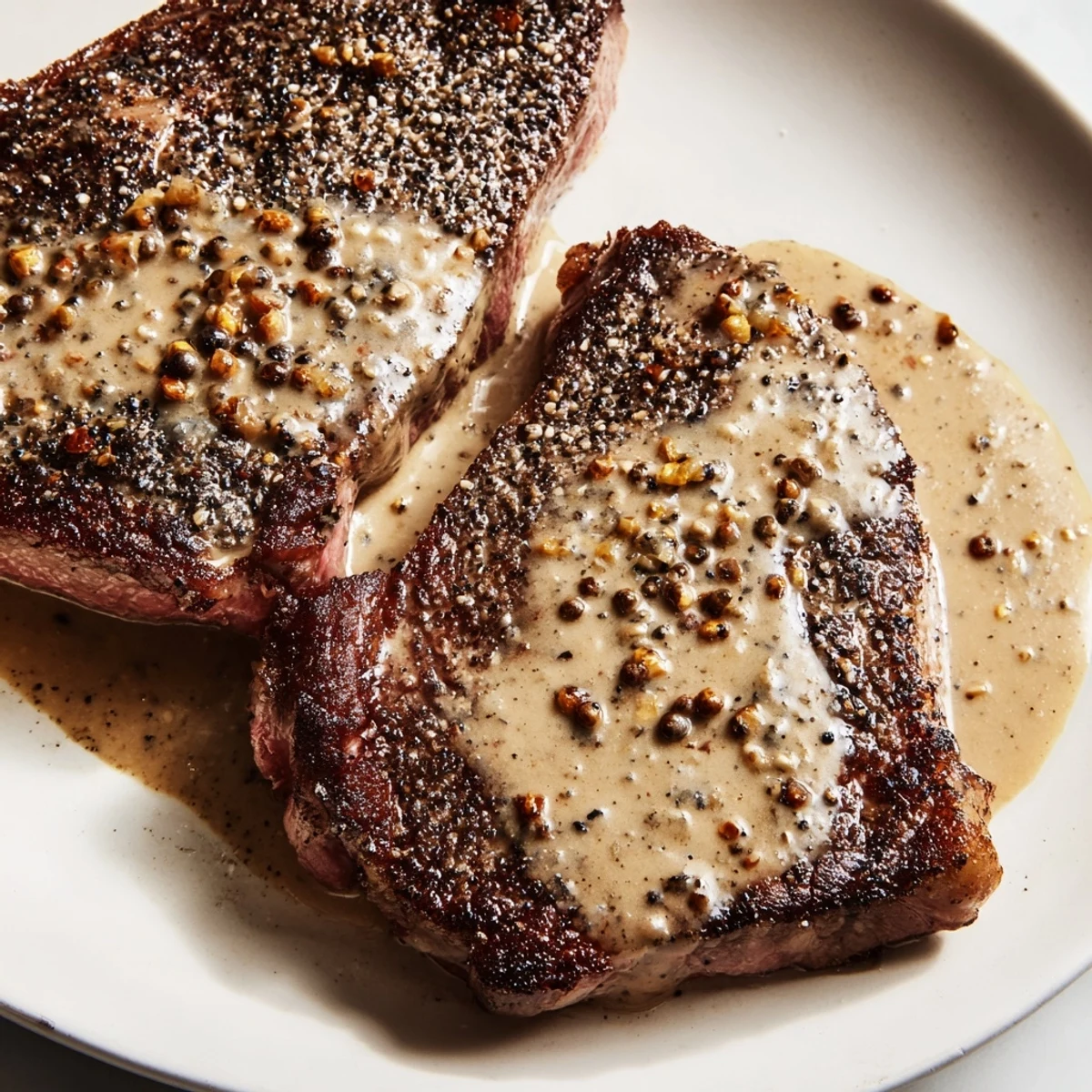A plated Steak with Peppercorn Sauce, featuring a perfectly seared ribeye generously drizzled with a creamy, rich brown peppercorn sauce.