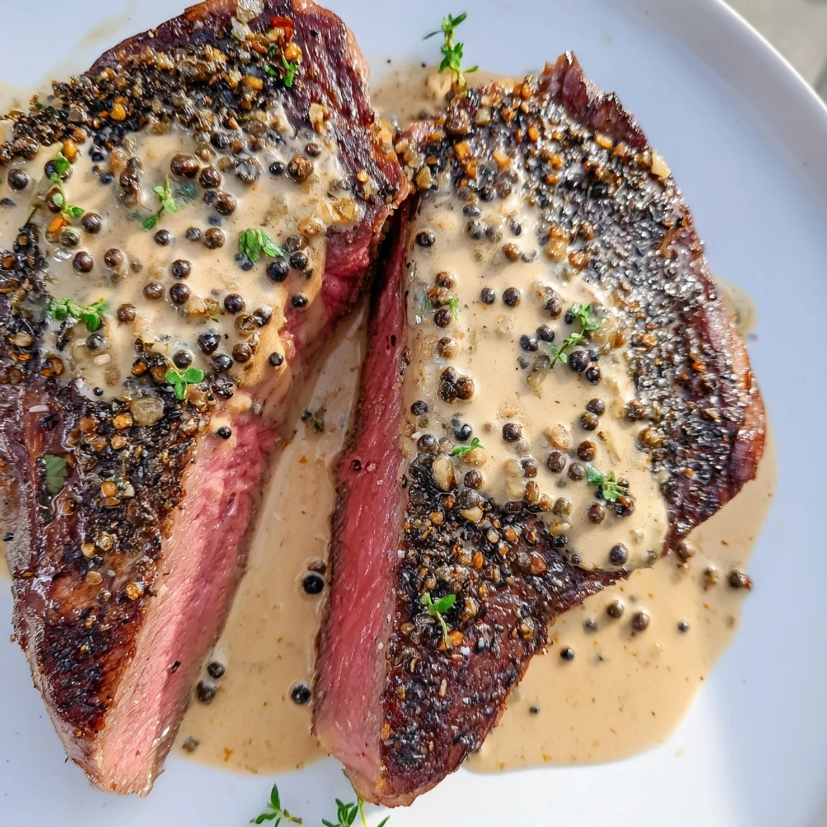 Restaurant-quality Steak with Peppercorn Sauce topped with crushed black peppercorns, ready to be served with a glass of red wine.