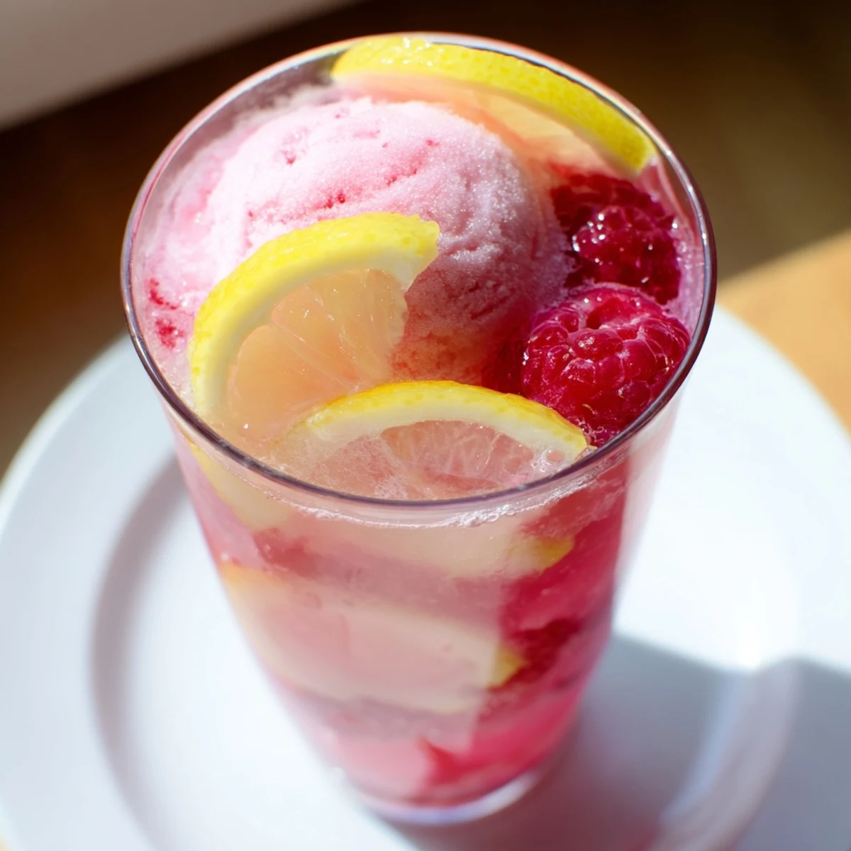 Serving glasses of Pink Punch with Raspberry Sherbet, showcasing creamy scoops and bright, bubbly liquid for a festive party drink.