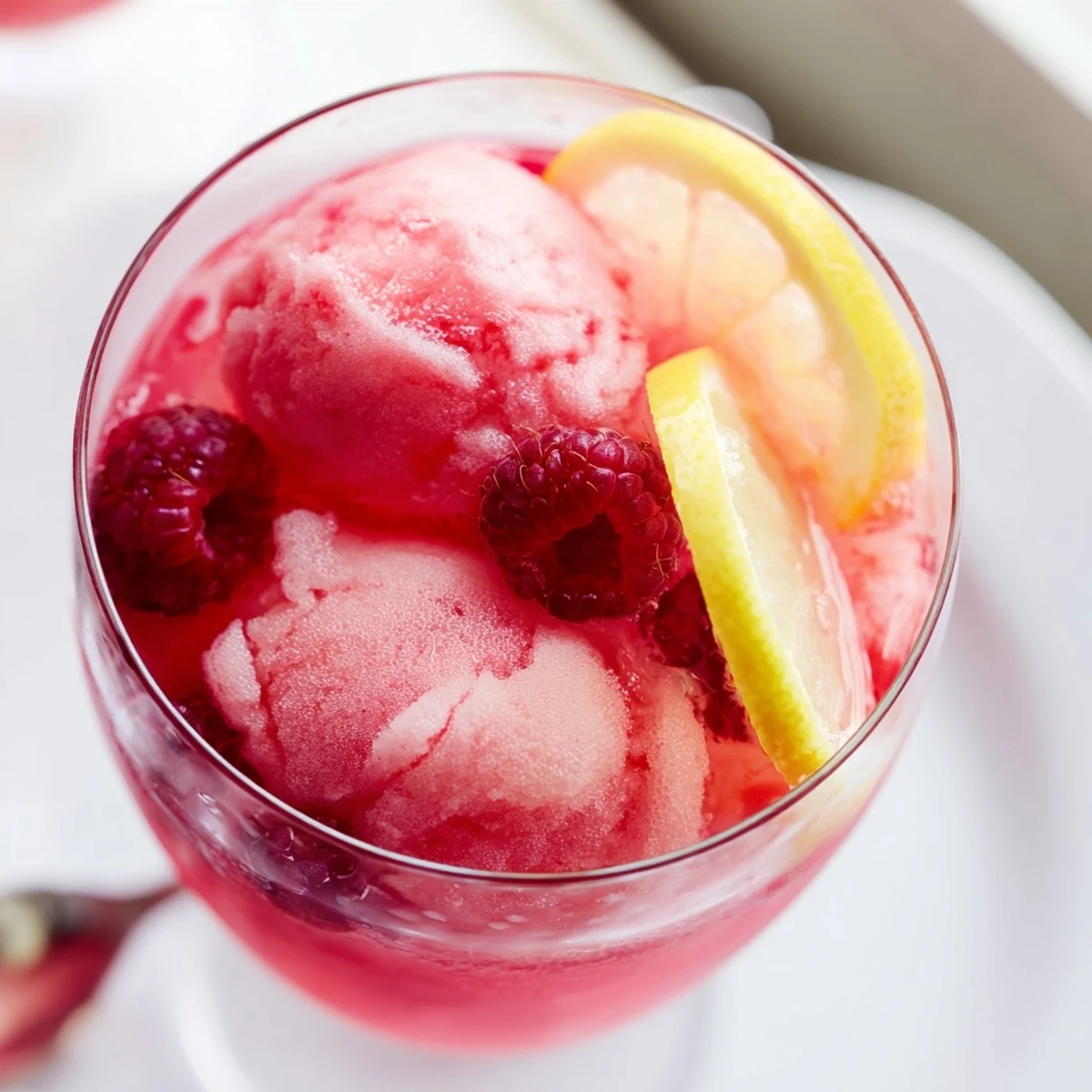 Close-up of Pink Punch with Raspberry Sherbet, featuring tangy fruit garnish and a frothy, melted sherbet layer over chilled juices.