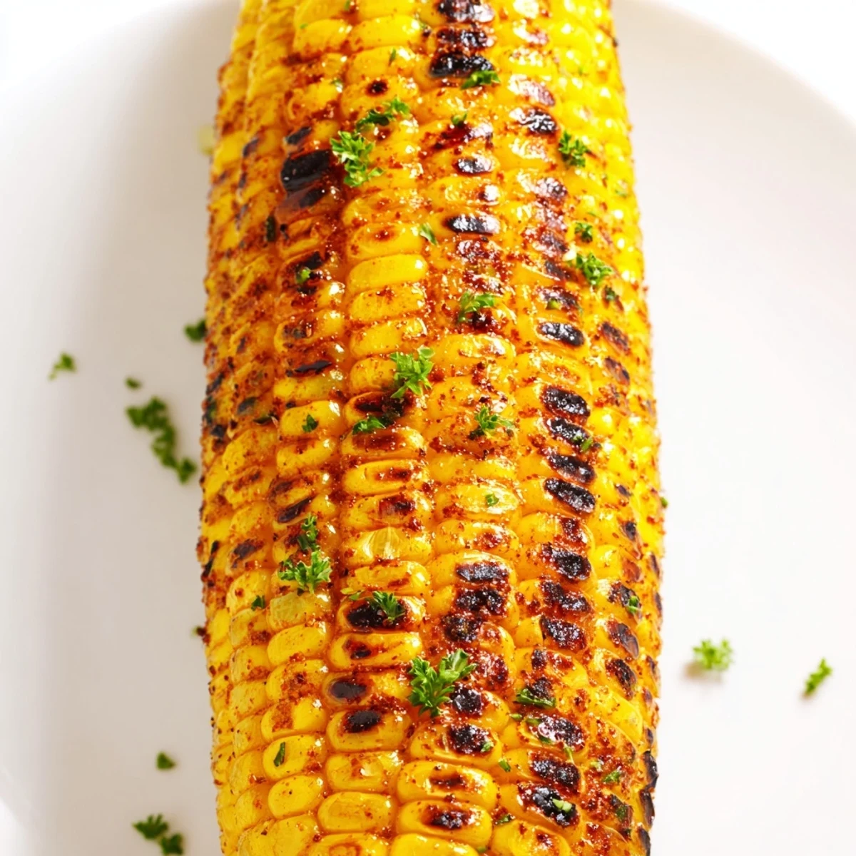 Golden grilled corn on the cob glistening with Cajun spices, served with a lemon wedge for a zesty finish.