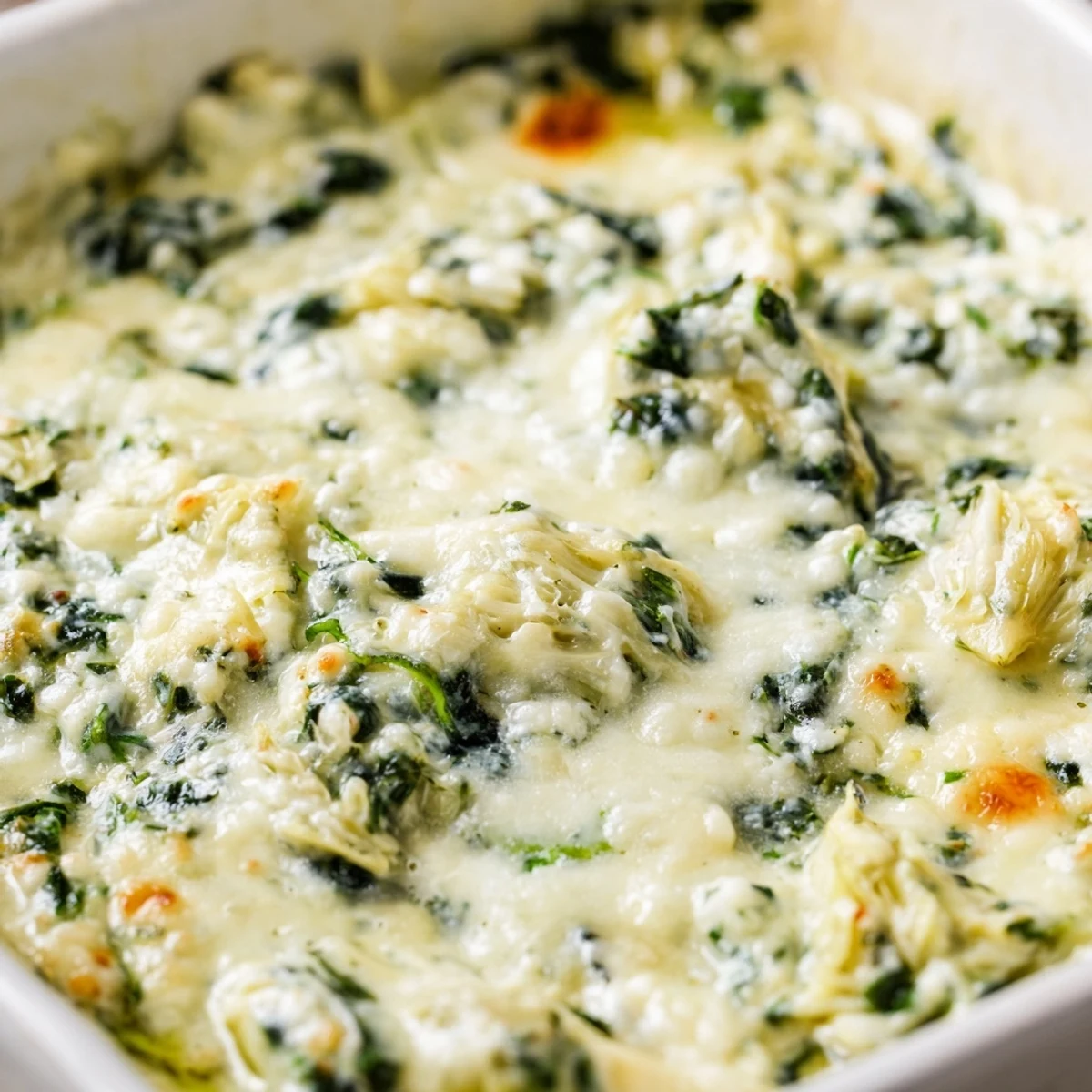 Freshly baked Spinach Dip with Artichokes and Cheese bubbling golden in a ceramic dish, served with toasted bread for dipping.
