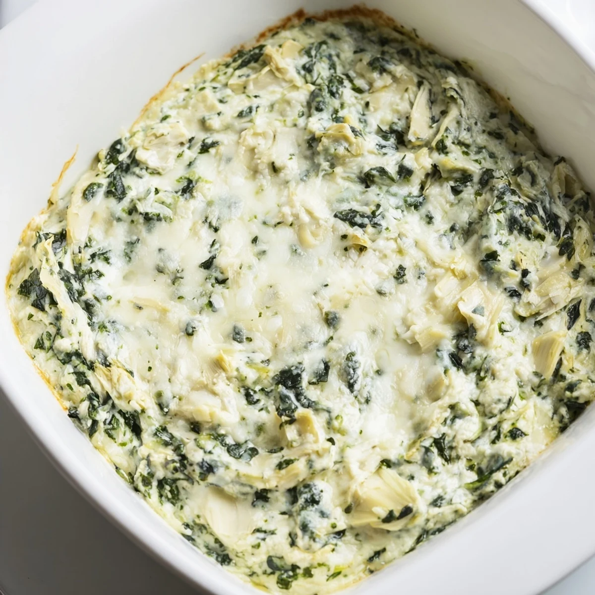 Golden-brown Spinach Dip with Artichokes and Cheese in a baking dish, garnished with fresh herbs and ready for a party appetizer spread.